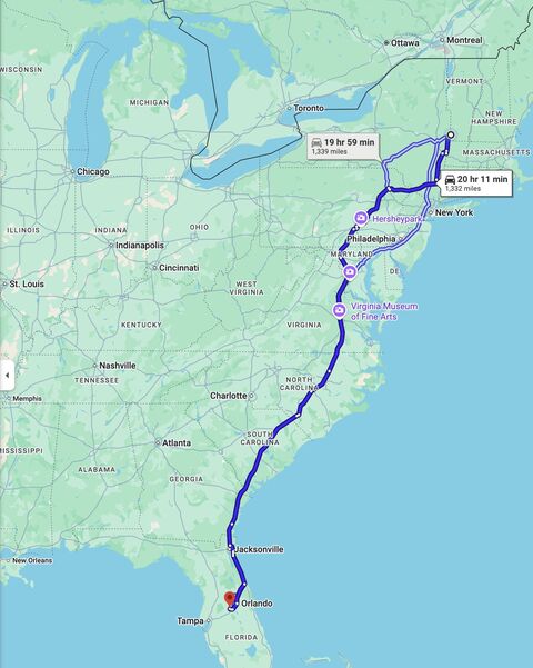 Route map showing the drive from upstate New York to Orlando, Florida — roughly 1,332 miles