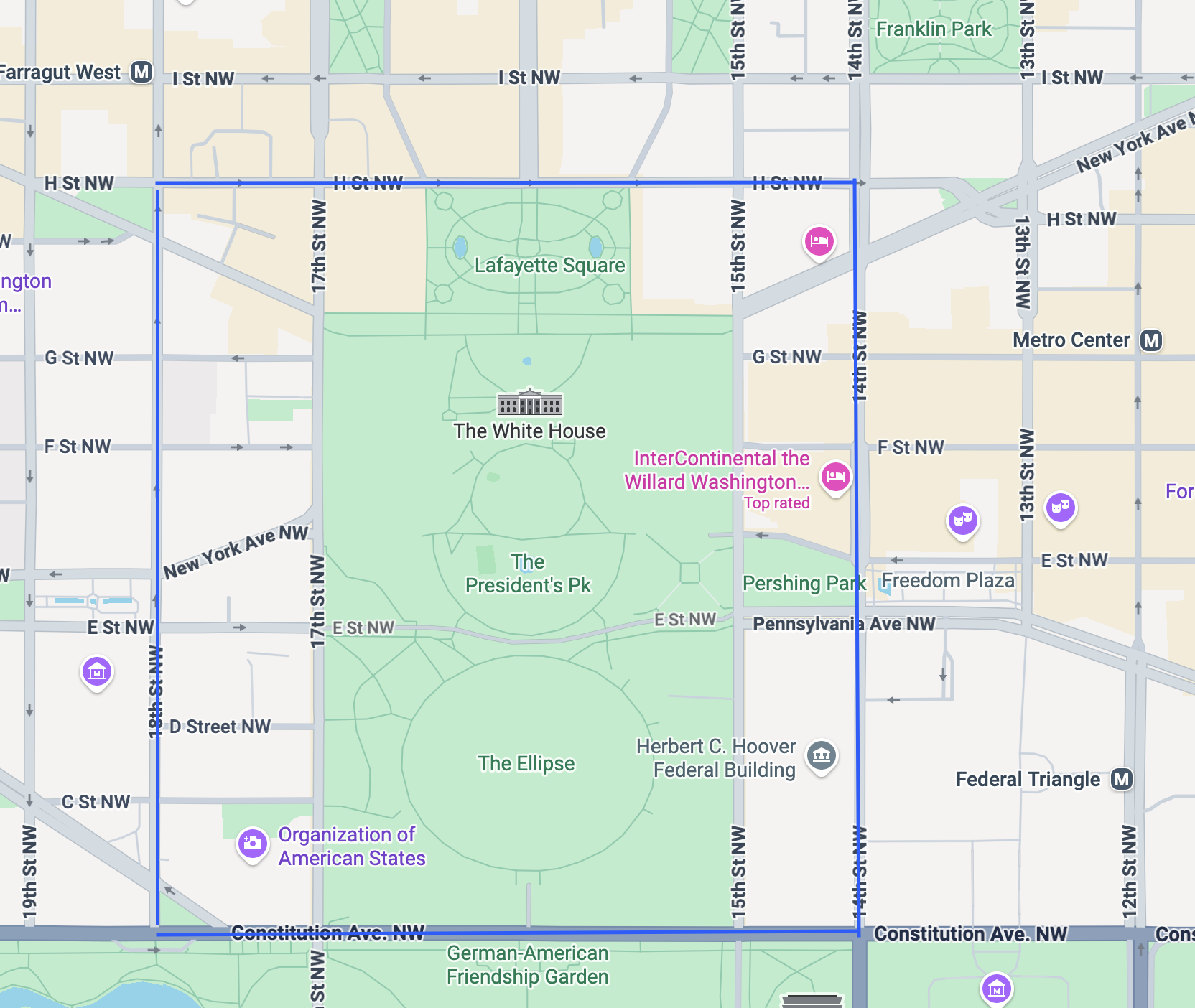 As close as we could get to the White House — the blue lines show our route through D.C.