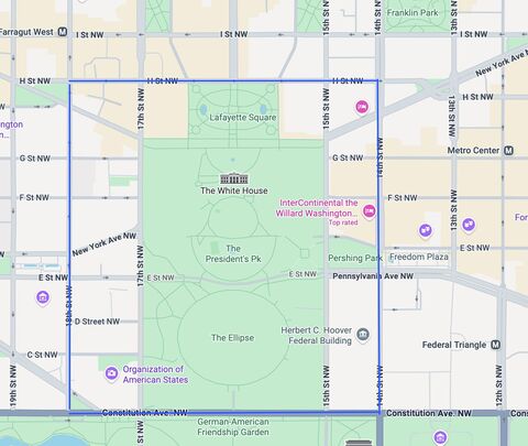 As close as we could get to the White House — the blue lines show our route through D.C.