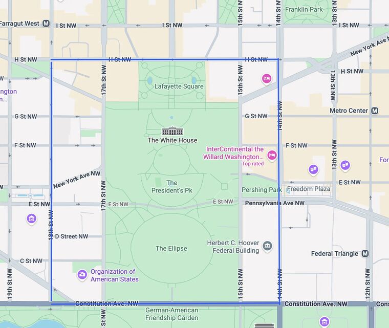 As close as we could get to the White House β the blue lines show our route through D.C.