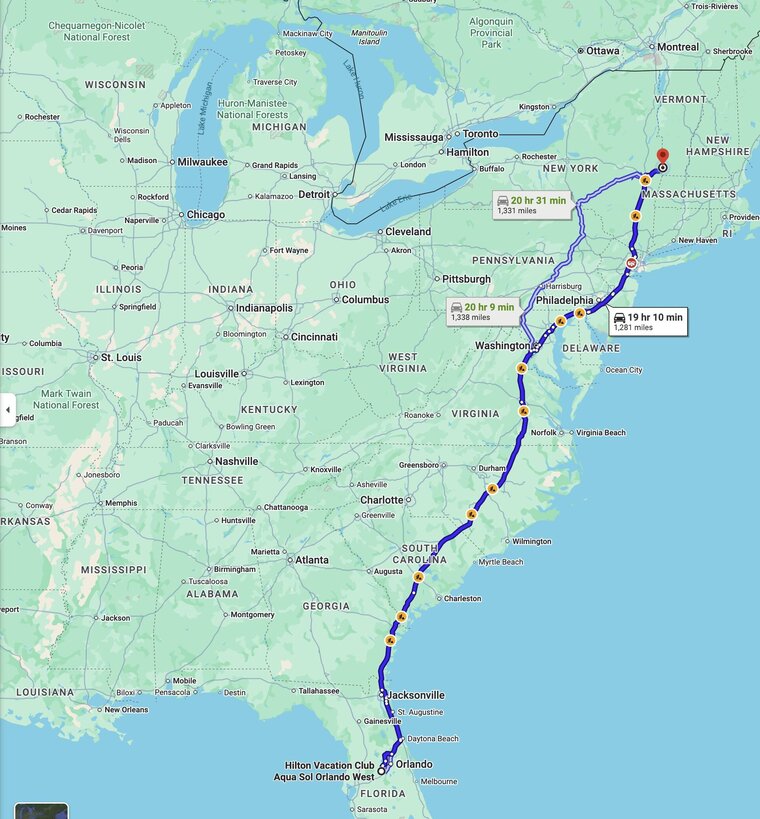 Route from Winter Garden, FL to North Bennington, VT