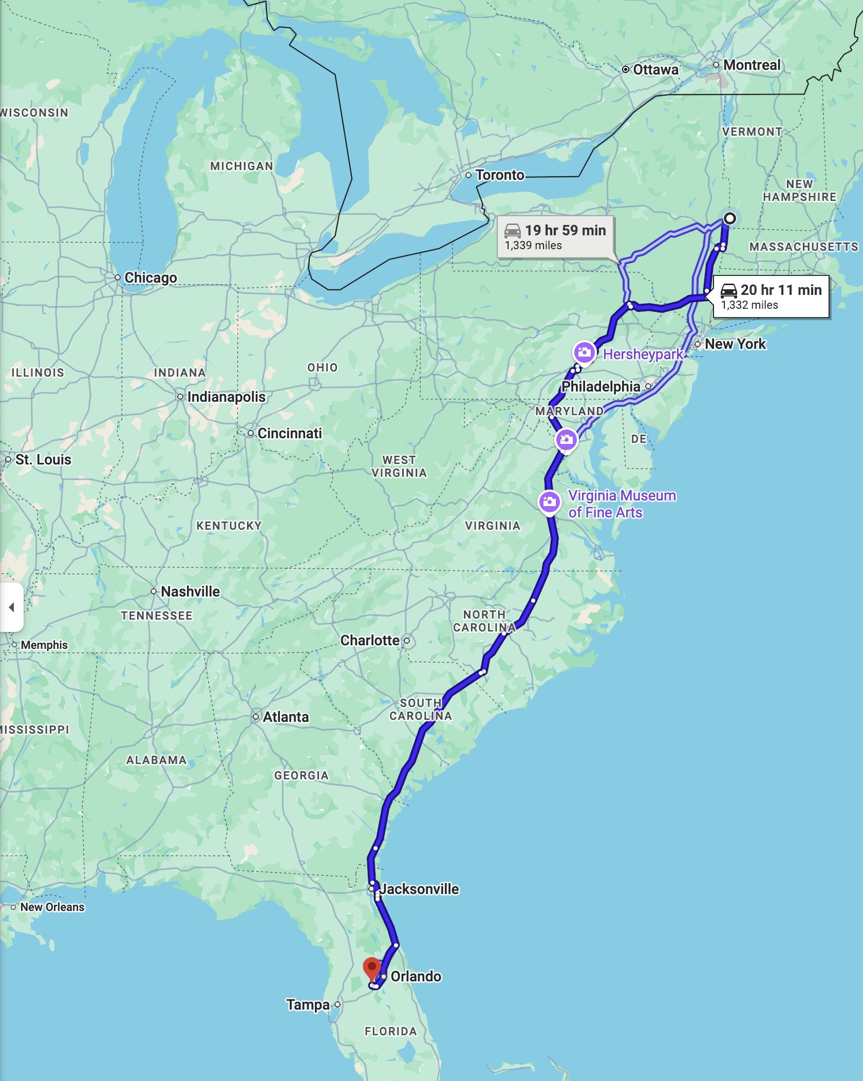 Route from North Bennington, VT to Winter Garden, FL