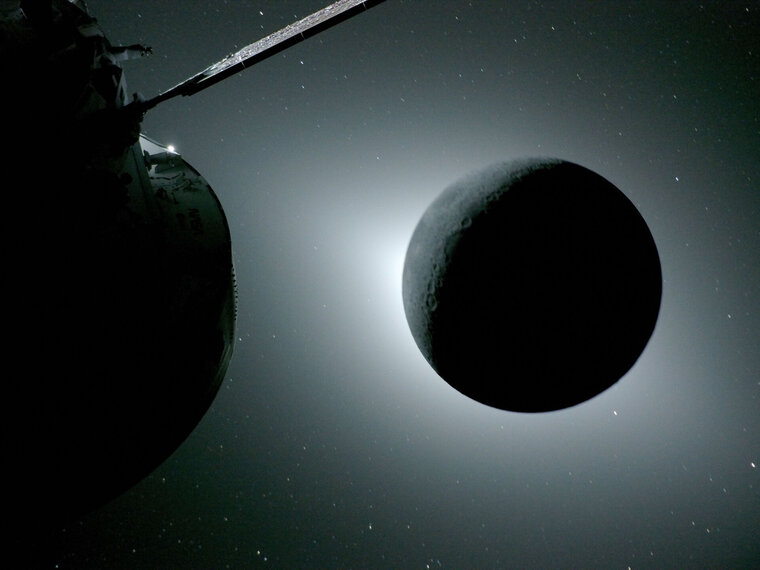 The Moon backlit by the Sun during a solar eclipse, photographed from the Orion spacecraft during the Artemis II lunar flyby on April 6, 2026.
