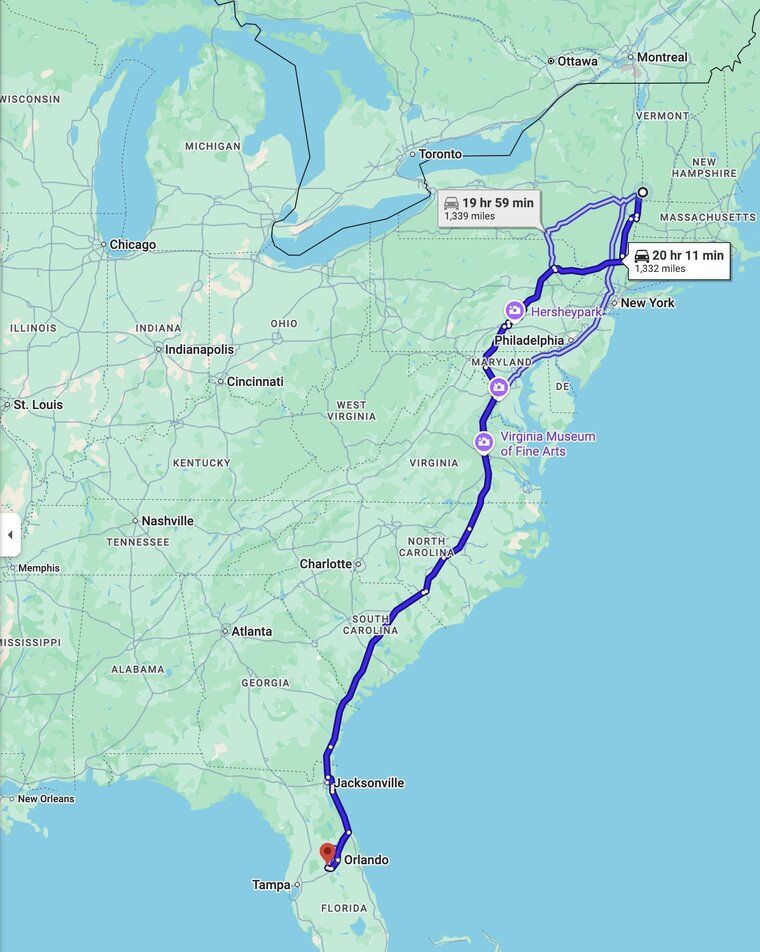 Route map showing the drive from upstate New York to Orlando, Florida β roughly 1,332 miles