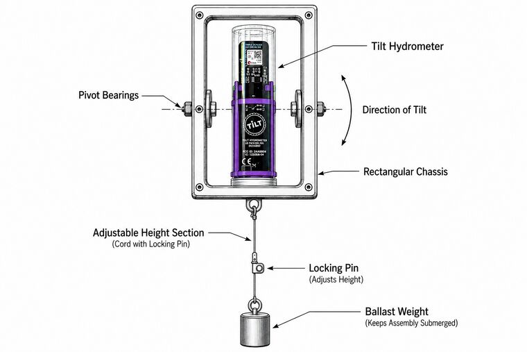 A conceptual diagram of a weighted chassis for the Tilt Hydrometer. A rectangular frame holds the Tilt on pivot bearings so it can tilt freely, while an adjustable cord and ballast weight suspend the assembly below the krausen layer.