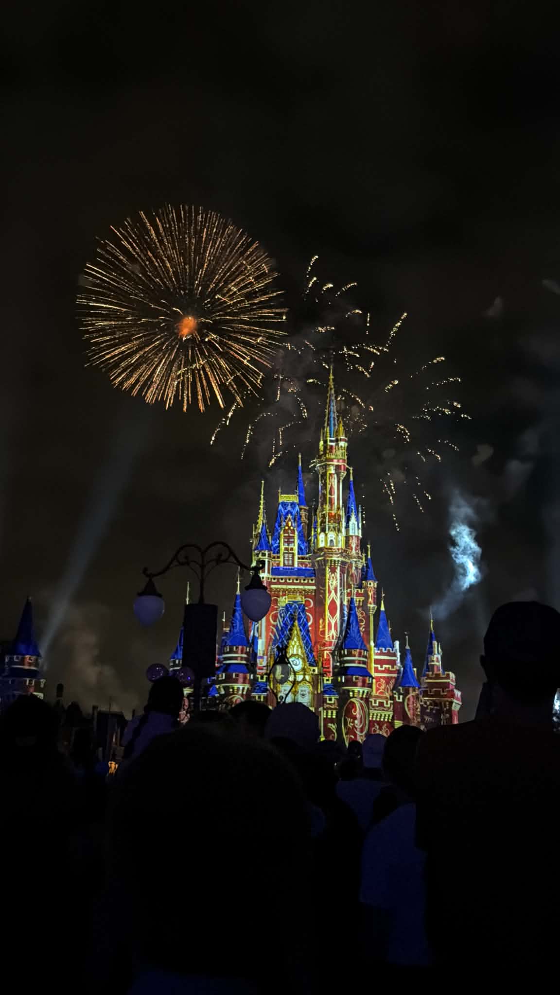 Large circular golden firework bursting above Cinderella Castle