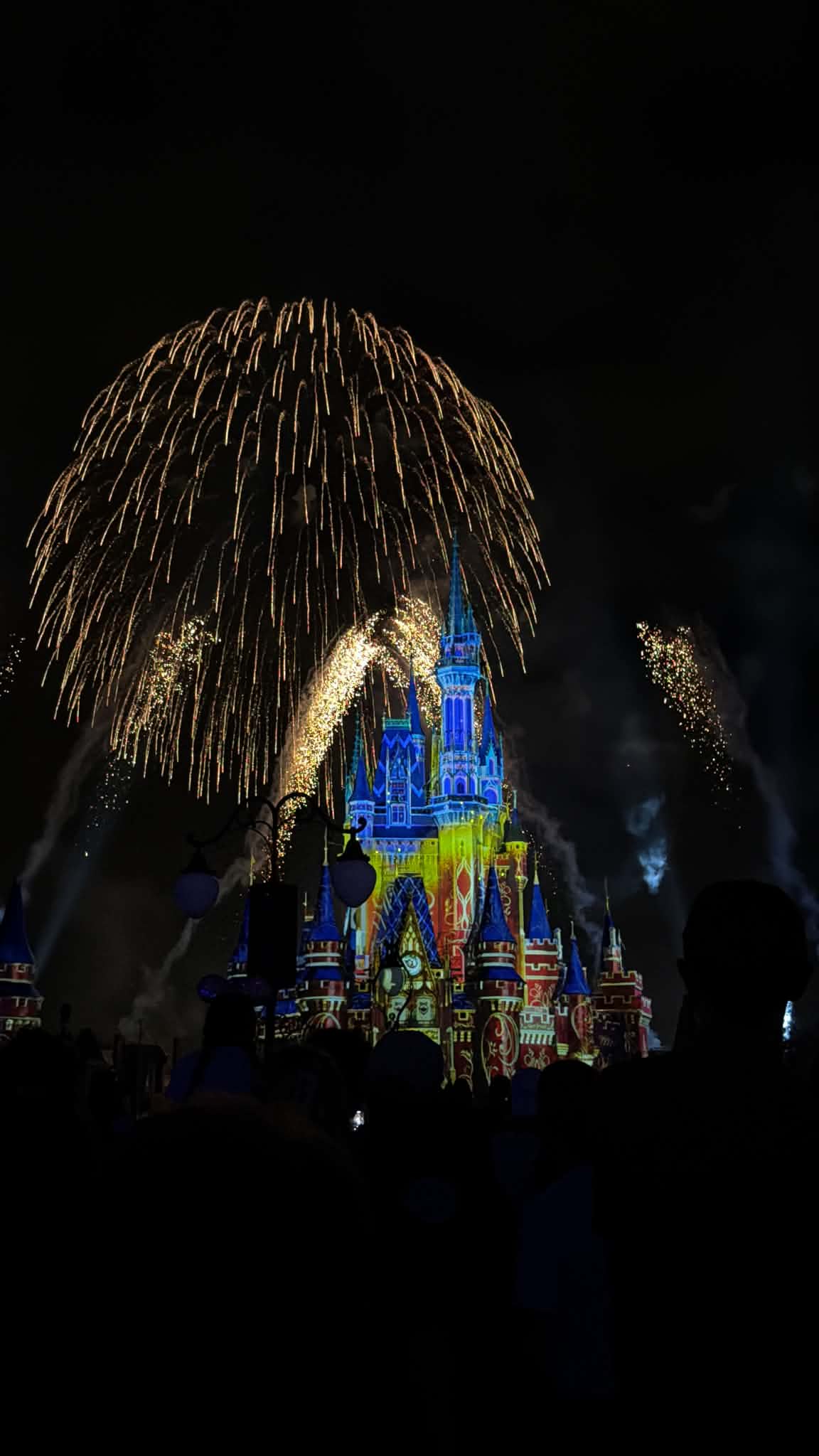Dramatic golden canopy of fireworks hanging over Cinderella Castle