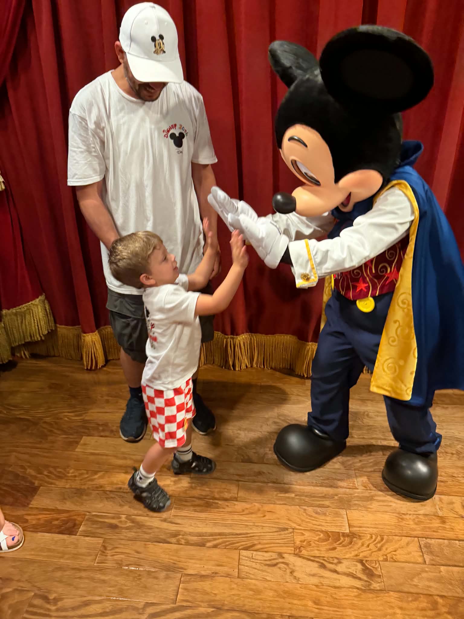 Mickey Mouse high-fiving a young boy during meet and greet